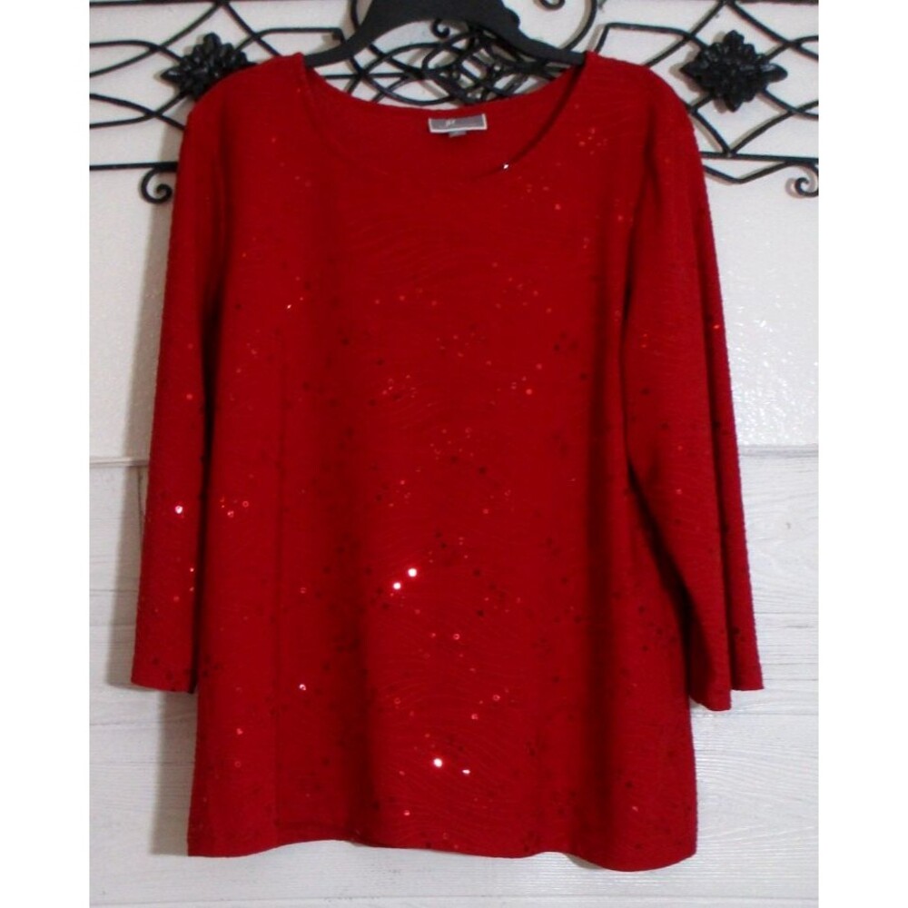 JM Collection Women's Knit Top Size XL Long Sleeve Red Round Neck